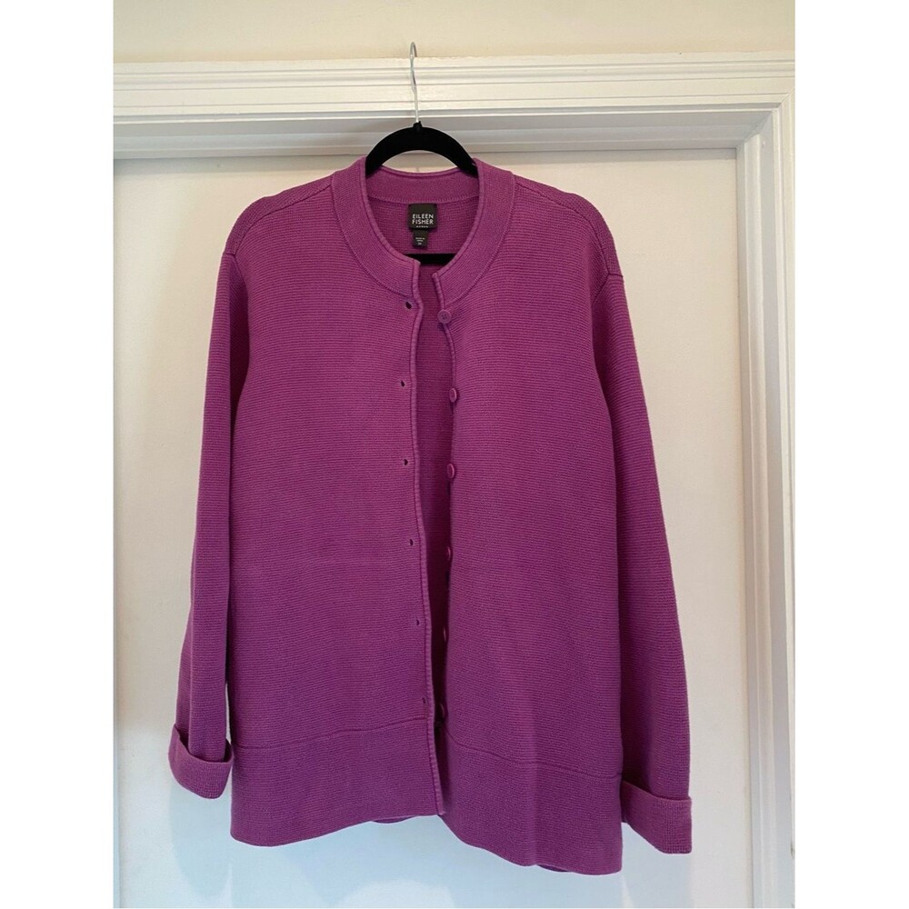 Eileen Fisher purple knit cardigan sweater, lambs wool/ cashmere , size XL